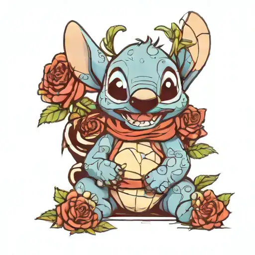 happy Stich animation sitting with roses around tattoo design idea