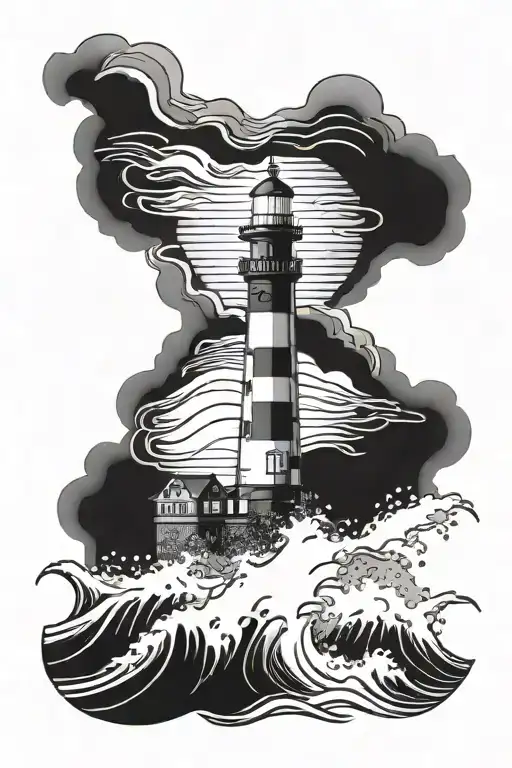 lighthouse in the sea, stormy waves, storm tattoo design idea