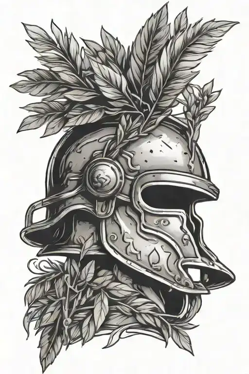 roman soldier's helmet wrapped in an olive branch tattoo design idea