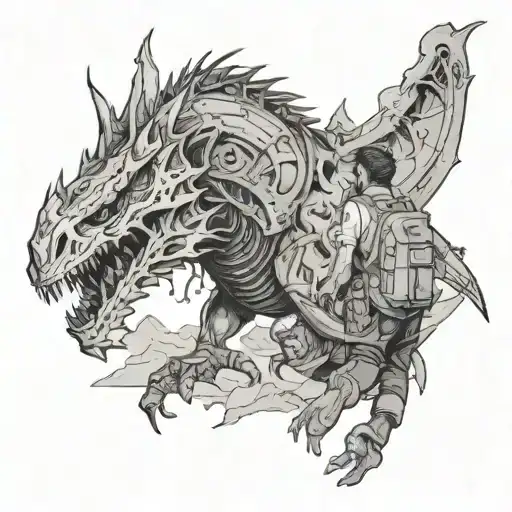 An explorer biologist facing a giant mythical creature in a post-apocalyptic world tattoo design idea