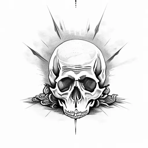 Black metal font with a skull surrounded by art elements from Francisco de Goya's 'Saturno devorando a su hijo' tattoo design idea