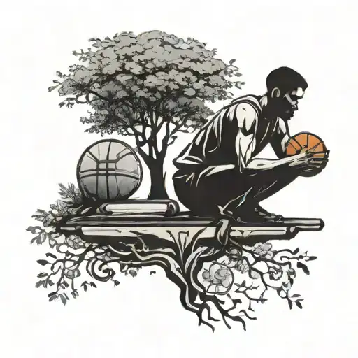A stylized silhouette of a student studying under a tree with a basketball and a religious symbol in the background, capturing the balance between academics, sports, and faith tattoo design idea
