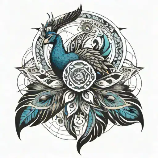 Bull and peacock feather intertwined tattoo design idea