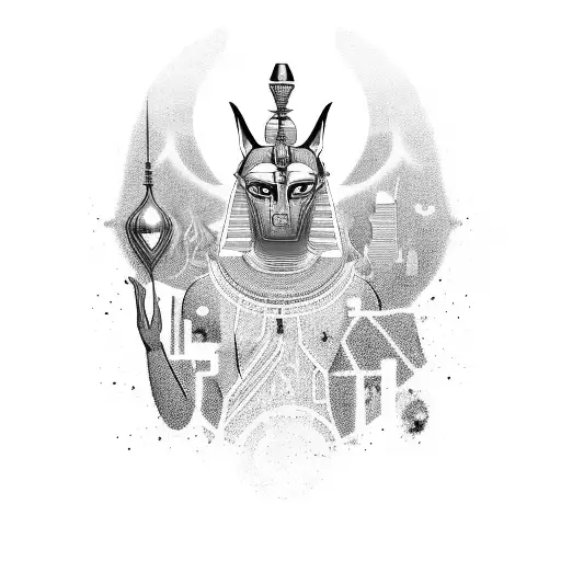 Anubis embracing the chaos of life and death in a futuristic skyline tattoo design idea
