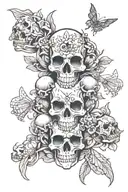 3 skulls repersenting the hear no evil speak no evil see no evil with bugs and worms and different insects coming out  tattoo design idea