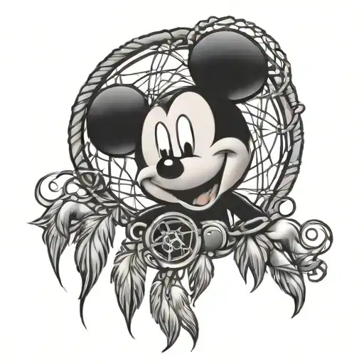 Mickey Mouse shaped dream catcher entangled tattoo design idea