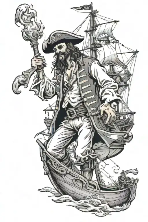 pirate with burning torch standing on boat with treasure looking at sinking ship tattoo design idea