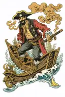 pirate with burning torch standing on boat with treasure looking at sinking ship tattoo design idea