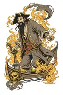 pirate with burning torch standing on boat with treasure looking at sinking ship tattoo design idea