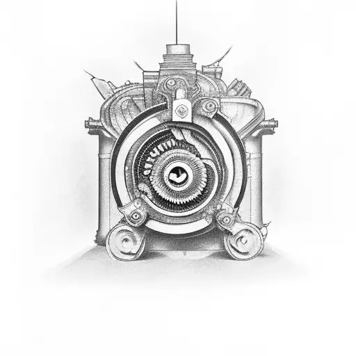 engine camshaft as a pen writing on paper, art noir tattoo design idea