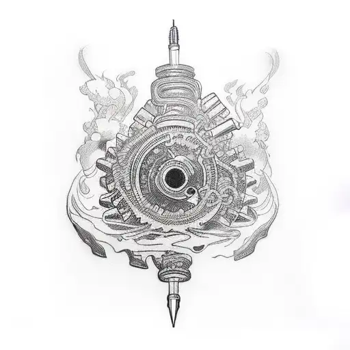 engine camshaft as a pen writing on paper, art noir tattoo design idea