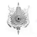 engine camshaft as a pen writing on paper, art noir tattoo design idea