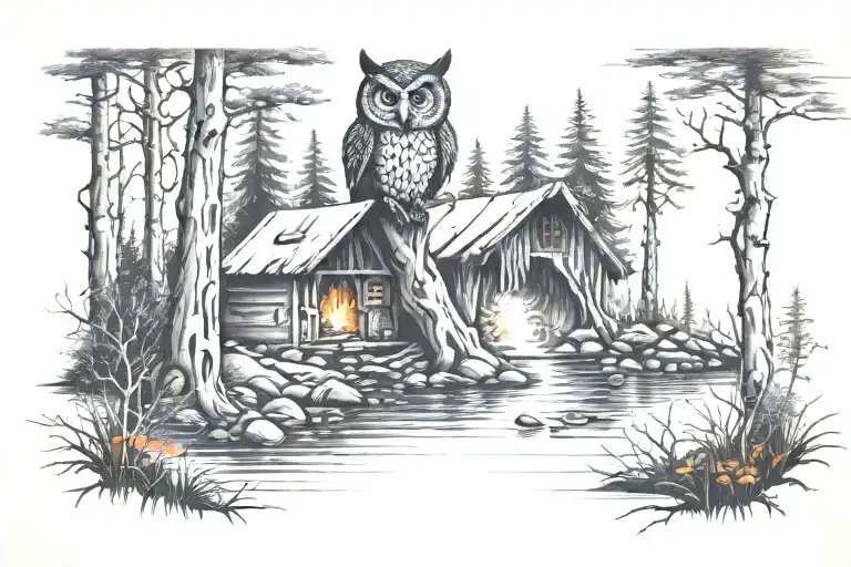realistic outdoor woods creek with small waterfalls, bright orange-red campfire, small owl in the tree in woods tattoo design idea