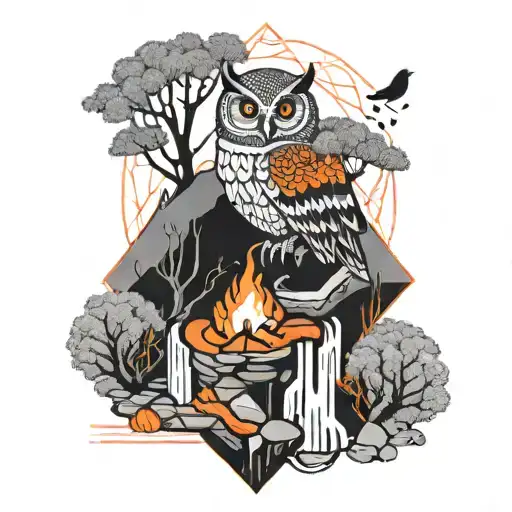 black and white creek with small waterfalls, bright orange-red campfire with owl and bird in the tree tattoo design idea