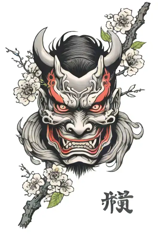 oni mask surrounded by cherry blossom tree tattoo design idea
