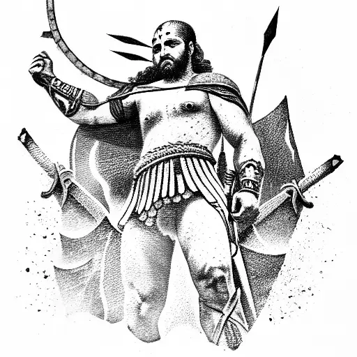 a gladiator stands on a mountain of corpses on the battlefield, and holds a Roma tattoo design idea