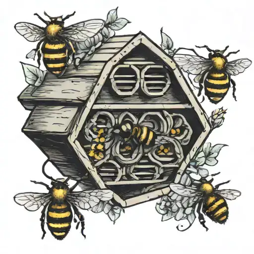 bee hive with four bees  tattoo design idea