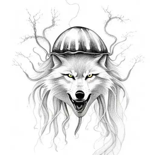 Jellyfish striking lightning across its tentacles giving strength to a white wolf tattoo design idea