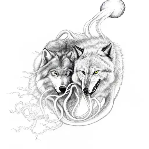 Jellyfish wrapping its tentacles around a white wolf with lightning in the background  tattoo design idea