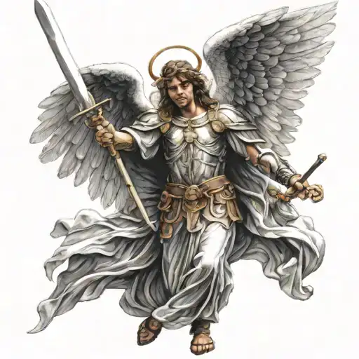 A majestic angel holding a shield with a sword piercing thru light  tattoo design idea