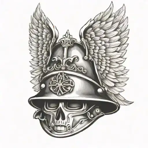 An army helmet with wings and a crown on top tattoo design idea