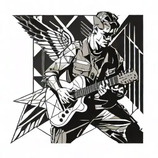 A powerful army soldier playing a guitar with wings tattoo design idea