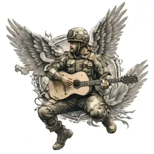 A powerful army soldier playing a guitar with wings tattoo design idea