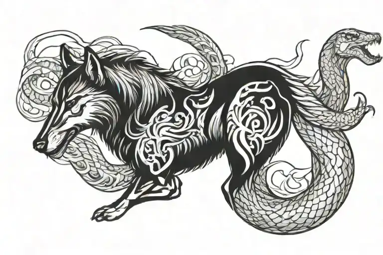 wolf horse and snake intertwined tattoo design idea