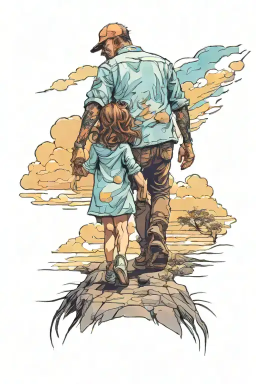 father and daughter holding hands, walking, 7/12/2017 birthday, sky, color,  tattoo design idea