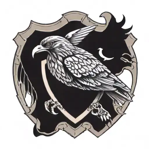 A shield, place a gold falcon with a red hood and a white dove in its claws.   tattoo design idea