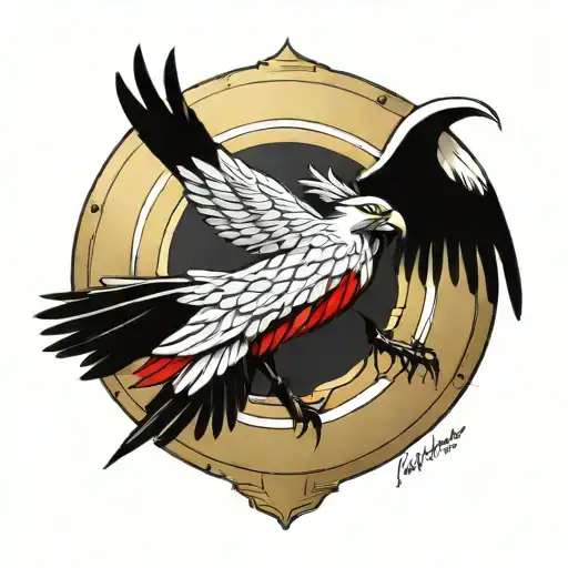 In the center of the shield, place a gold falcon with a red hood and a  (white) dove in its claws.   tattoo design idea