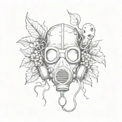 gas mask over grown with vines and fungus growing from skull tattoo design idea