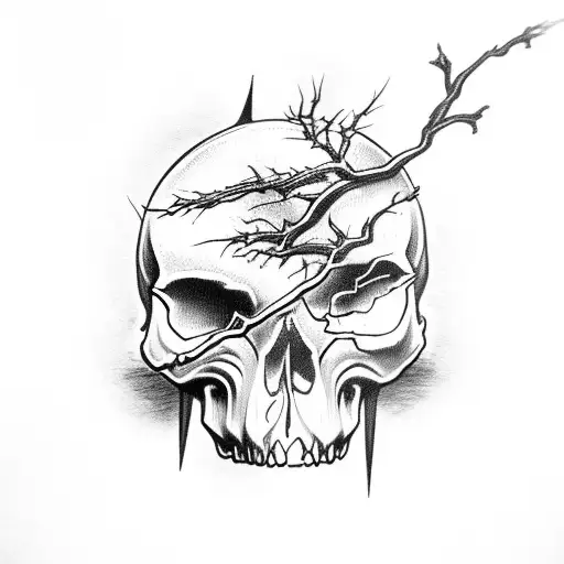 Skull with lightning and branches also with spiders, bats and a hot nun in a gothic style tattoo design idea