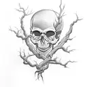 Skull with lightning and branches also with spiders, bats and a hot nun in a gothic style tattoo design idea
