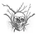 Skull with lightning and branches also with spiders, bats and a hot nun in a gothic style tattoo design idea