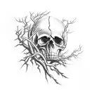 Skull with lightning and branches also with spiders, bats and a hot nun in a gothic style tattoo design idea