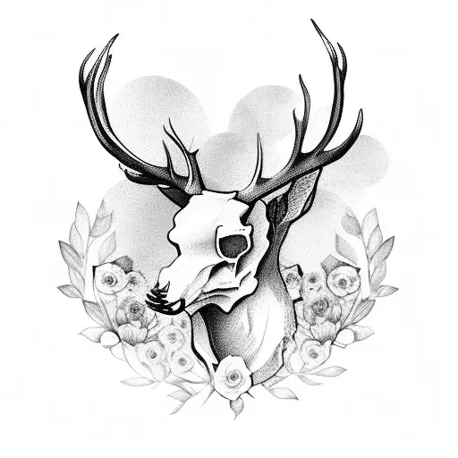 stag skull with flowers tattoo design idea