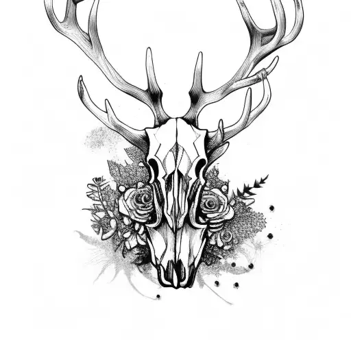stag skull with different flowers flowing dowm tattoo design idea