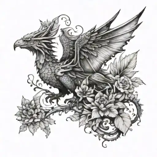 winged dragon with cats birds and plants  tattoo design idea