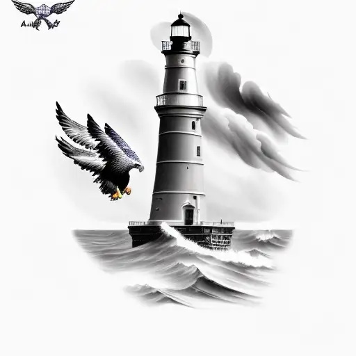 A light house in stormy seas with an eagle on top with its wings spread out. A sailing yacht under the light house in st tattoo design idea