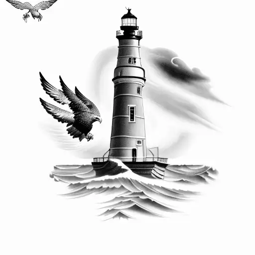 A light house in stormy seas with an eagle on top with its wings spread out. A sailing yacht under the light house in st tattoo design idea