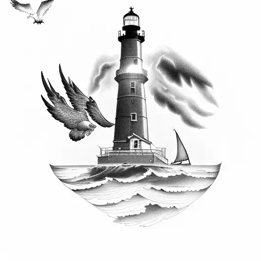A light house in stormy seas with an eagle on top with its wings spread out. A sailing yacht under the light house in st tattoo design idea