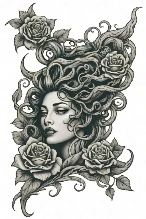Medusa head mouth sewed shut surrounded by roses, cosmos, and jonquil tattoo design idea