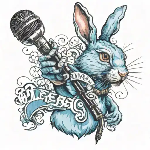 Blue rabbit hold microphone surrounded by the word BLEGH, screaming into the microphone tattoo design idea