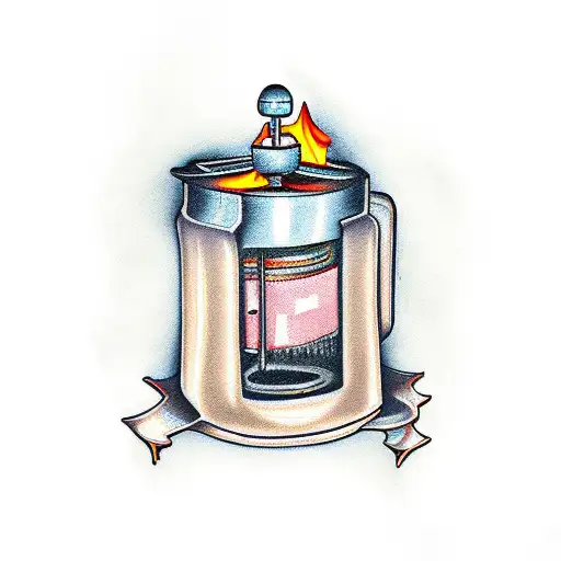 french press on fire with the words fuck melissa tattoo design idea