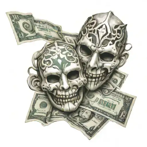 masks money friends war destroyed life and death tattoo design idea