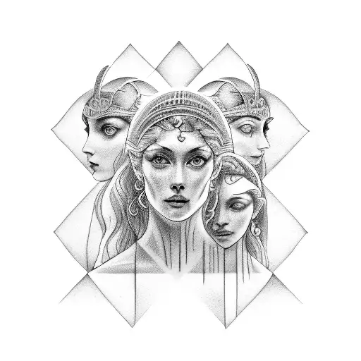 Three serene faces of the Greek goddess Hecate, each looking a different way tattoo design idea