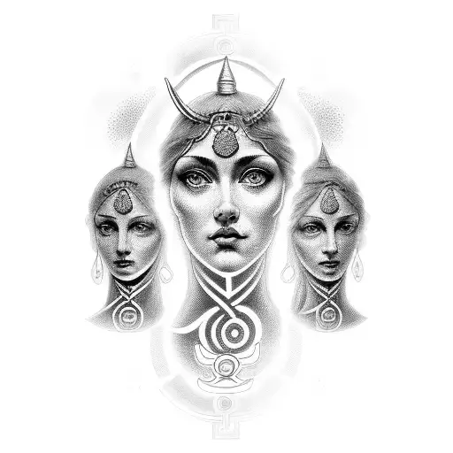 Three serene faces of the Greek goddess Hecate, each looking a different way tattoo design idea