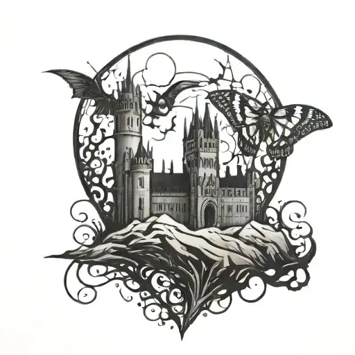 gothic and dark castle with a moth moon tattoo design idea