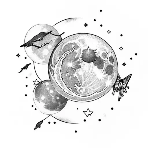 moon, Big Dipper, 3 flying birds, butterflies, greenery  tattoo design idea